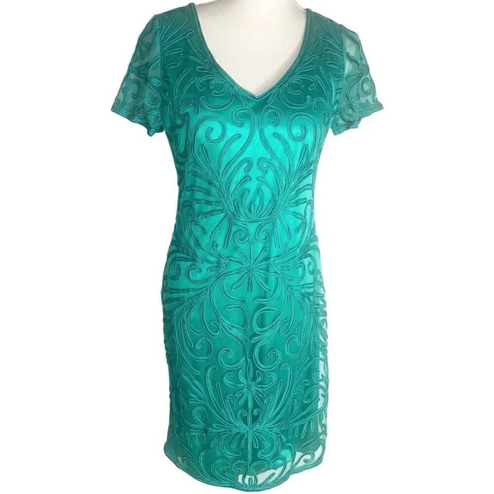 Sue Wong Womens Jade Green Embroidered Sheer Overlay Satin Lined Sheath Dress Si